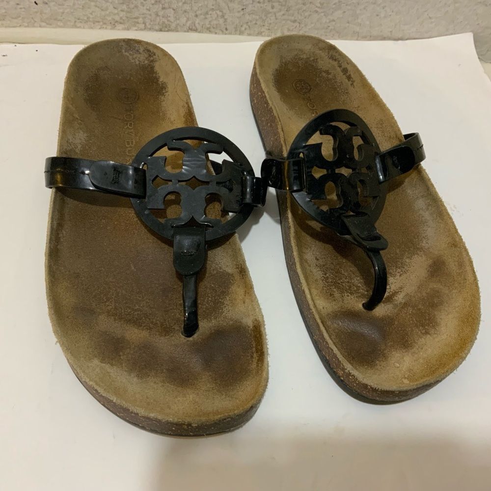 Tory Burch Miller Cloud Patent Leather Sandal Perfect Black/Natural Size 7 - Picture 1 of 8